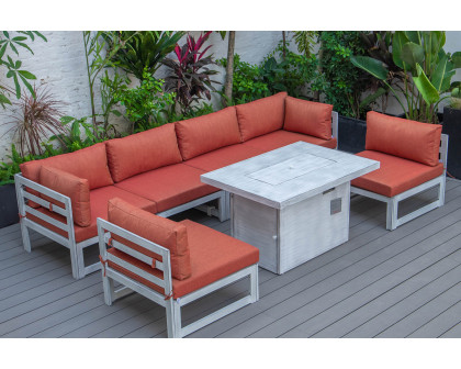 LeisureMod Chelsea 7-Piece Patio Sectional and Fire Pit Table In Weathered Gray Aluminum with Cushions - Orange