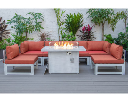 LeisureMod Chelsea 7-Piece Patio Sectional and Fire Pit Table In Weathered Gray Aluminum with Cushions - Orange