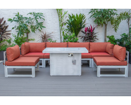 LeisureMod Chelsea 7-Piece Patio Sectional and Fire Pit Table In Weathered Gray Aluminum with Cushions - Orange