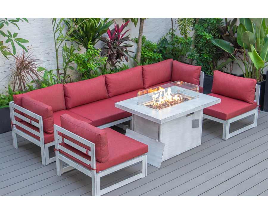 LeisureMod Chelsea 7-Piece Patio Sectional and Fire Pit Table In Weathered Gray Aluminum with Cushions - Red