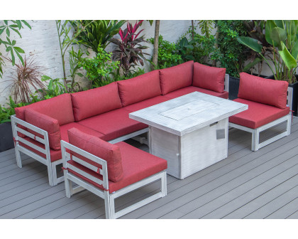 LeisureMod Chelsea 7-Piece Patio Sectional and Fire Pit Table In Weathered Gray Aluminum with Cushions - Red