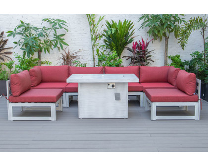 LeisureMod Chelsea 7-Piece Patio Sectional and Fire Pit Table In Weathered Gray Aluminum with Cushions - Red