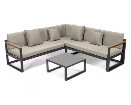 LeisureMod Chelsea White Sectional with Adjustable Headrest and Coffee Table with Cushions