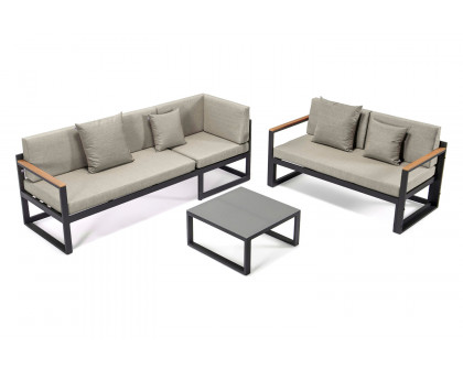 LeisureMod Chelsea Black Sectional with Adjustable Headrest and Coffee Table with Cushions - Beige