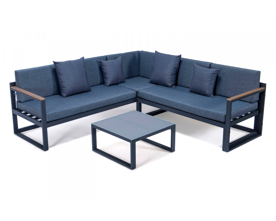 LeisureMod Chelsea Black Sectional with Adjustable Headrest and Coffee Table with Cushions - Blue