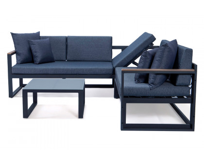 LeisureMod Chelsea Black Sectional with Adjustable Headrest and Coffee Table with Cushions - Blue