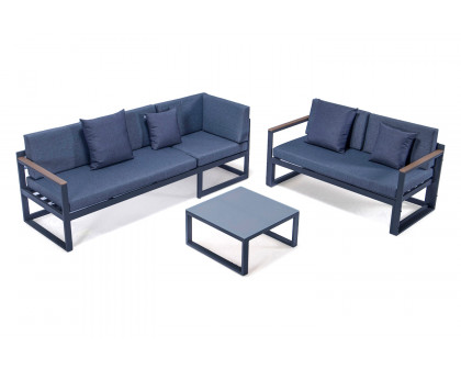 LeisureMod Chelsea Black Sectional with Adjustable Headrest and Coffee Table with Cushions - Blue