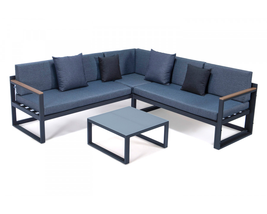 LeisureMod Chelsea Black Sectional with Adjustable Headrest and Coffee Table with Two Tone Cushions - Blue