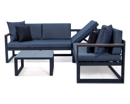 LeisureMod Chelsea Black Sectional with Adjustable Headrest and Coffee Table with Two Tone Cushions - Blue