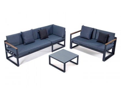 LeisureMod Chelsea Black Sectional with Adjustable Headrest and Coffee Table with Two Tone Cushions - Blue