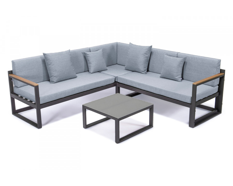 LeisureMod Chelsea Black Sectional with Adjustable Headrest and Coffee Table with Cushions - Light Gray