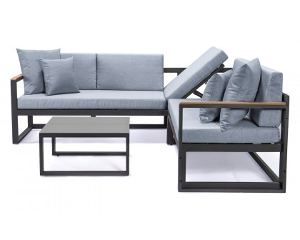 LeisureMod Chelsea Black Sectional with Adjustable Headrest and Coffee Table with Cushions - Light Gray