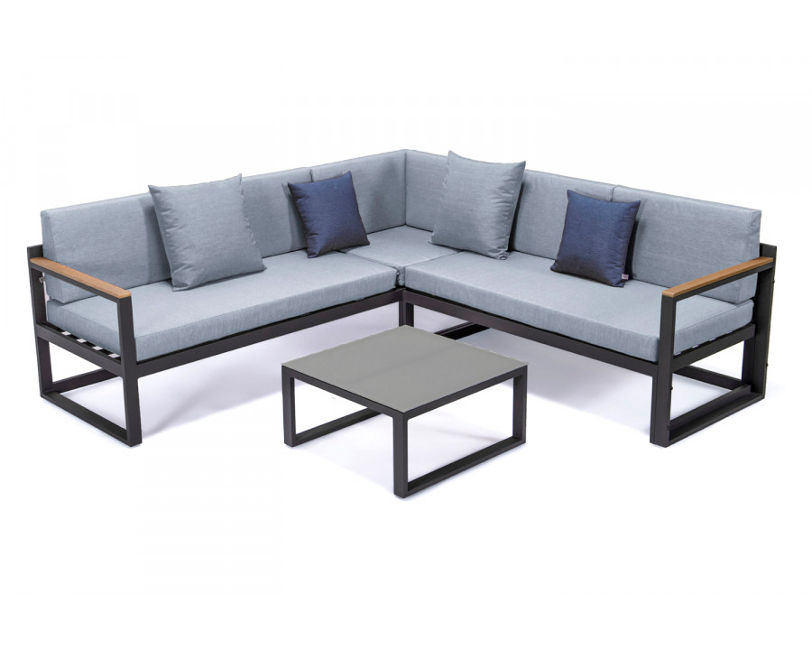 LeisureMod Chelsea Black Sectional with Adjustable Headrest and Coffee Table with Two Tone Cushions - Light Gray