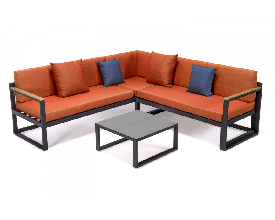 LeisureMod Chelsea Black Sectional with Adjustable Headrest and Coffee Table with Two Tone Cushions - Orange