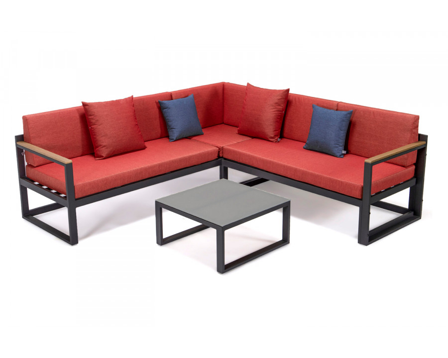 LeisureMod Chelsea Black Sectional with Adjustable Headrest and Coffee Table with Two Tone Cushions - Red