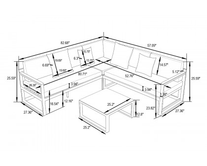 LeisureMod Chelsea White Sectional with Adjustable Headrest and Coffee Table with Cushions - Beige