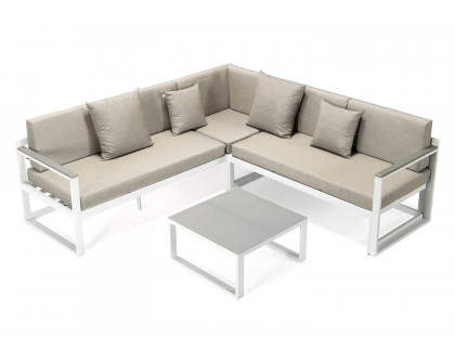 LeisureMod Chelsea White Sectional with Adjustable Headrest and Coffee Table with Cushions