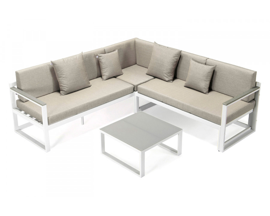 LeisureMod Chelsea White Sectional with Adjustable Headrest and Coffee Table with Cushions - Beige