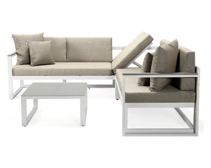 LeisureMod Chelsea White Sectional with Adjustable Headrest and Coffee Table with Cushions - Beige