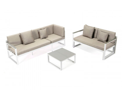 LeisureMod Chelsea White Sectional with Adjustable Headrest and Coffee Table with Cushions - Beige