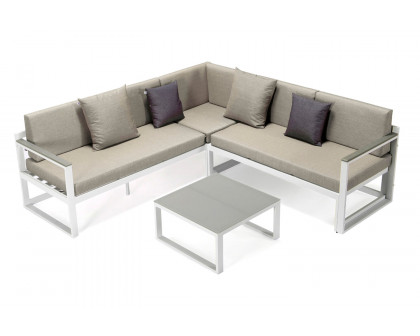 LeisureMod Chelsea White Sectional with Adjustable Headrest and Coffee Table with Two Tone Cushions - Beige