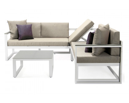 LeisureMod Chelsea White Sectional with Adjustable Headrest and Coffee Table with Two Tone Cushions - Beige