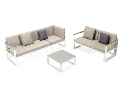 LeisureMod Chelsea White Sectional with Adjustable Headrest and Coffee Table with Two Tone Cushions - Beige