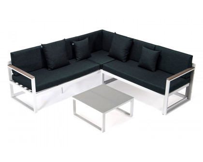 LeisureMod Chelsea White Sectional with Adjustable Headrest and Coffee Table with Cushions