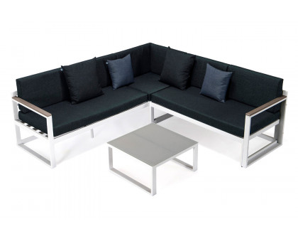 LeisureMod Chelsea White Sectional with Adjustable Headrest and Coffee Table with Two Tone Cushions