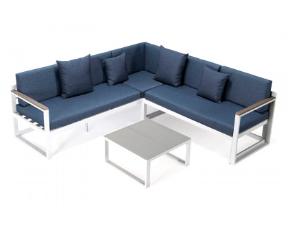 LeisureMod Chelsea White Sectional with Adjustable Headrest and Coffee Table with Cushions