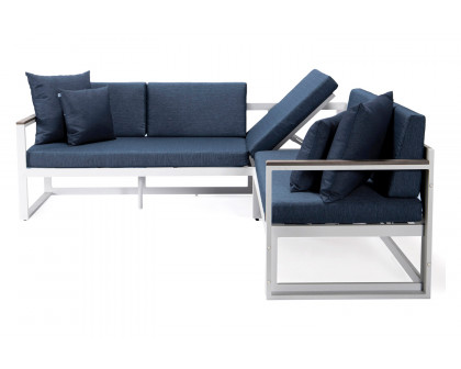 LeisureMod Chelsea White Sectional with Adjustable Headrest and Coffee Table with Cushions - Blue