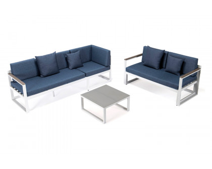 LeisureMod Chelsea White Sectional with Adjustable Headrest and Coffee Table with Cushions - Blue