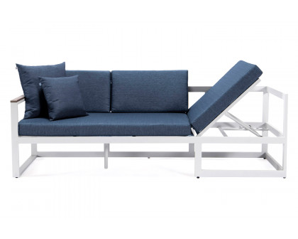 LeisureMod Chelsea White Sectional with Adjustable Headrest and Coffee Table with Cushions - Blue