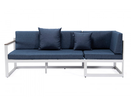 LeisureMod Chelsea White Sectional with Adjustable Headrest and Coffee Table with Cushions - Blue