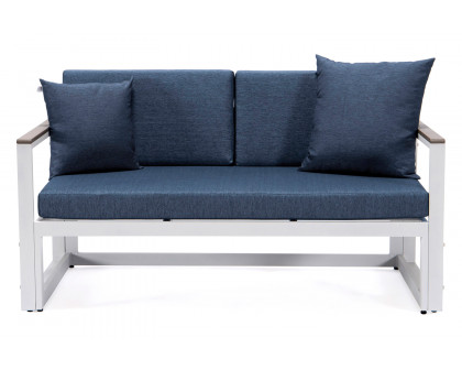 LeisureMod Chelsea White Sectional with Adjustable Headrest and Coffee Table with Cushions - Blue