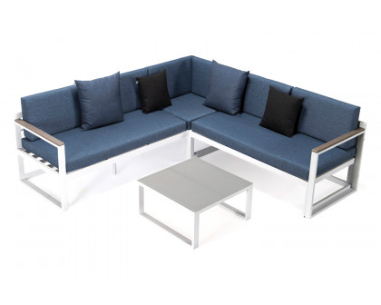 LeisureMod Chelsea White Sectional with Adjustable Headrest and Coffee Table with Two Tone Cushions