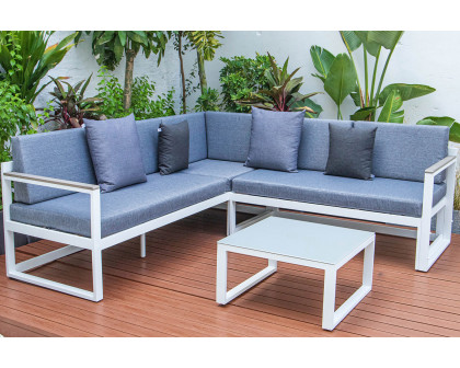 LeisureMod Chelsea White Sectional with Adjustable Headrest and Coffee Table with Two Tone Cushions - Blue