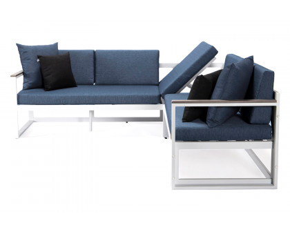 LeisureMod Chelsea White Sectional with Adjustable Headrest and Coffee Table with Two Tone Cushions - Blue