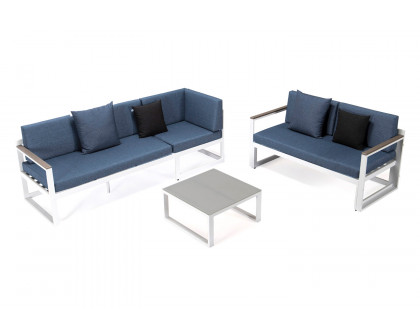 LeisureMod Chelsea White Sectional with Adjustable Headrest and Coffee Table with Two Tone Cushions - Blue