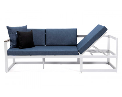 LeisureMod Chelsea White Sectional with Adjustable Headrest and Coffee Table with Two Tone Cushions - Blue