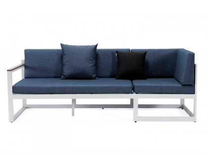 LeisureMod Chelsea White Sectional with Adjustable Headrest and Coffee Table with Two Tone Cushions - Blue