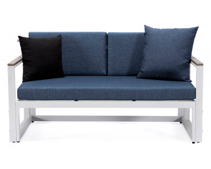 LeisureMod Chelsea White Sectional with Adjustable Headrest and Coffee Table with Two Tone Cushions - Blue