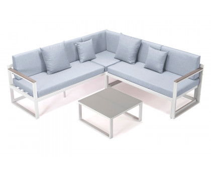 LeisureMod Chelsea White Sectional with Adjustable Headrest and Coffee Table with Cushions