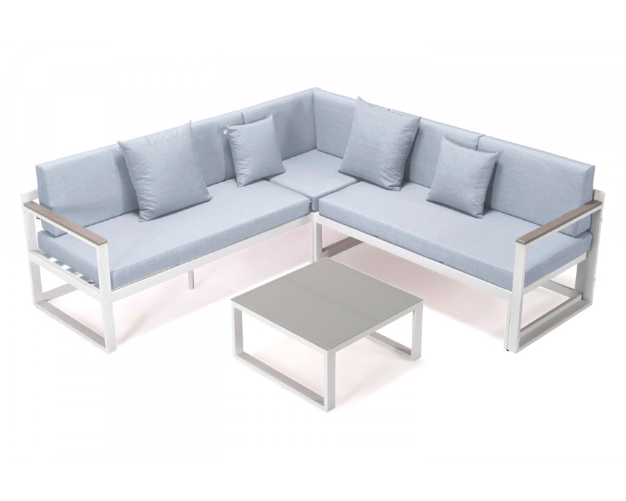 LeisureMod Chelsea White Sectional with Adjustable Headrest and Coffee Table with Cushions - Light Gray