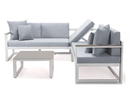 LeisureMod Chelsea White Sectional with Adjustable Headrest and Coffee Table with Cushions - Light Gray