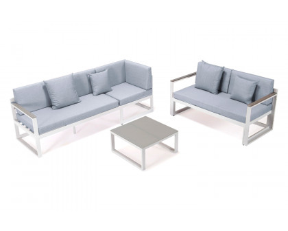 LeisureMod Chelsea White Sectional with Adjustable Headrest and Coffee Table with Cushions - Light Gray