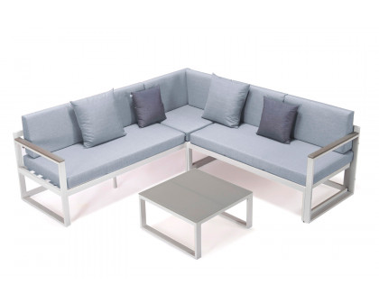 LeisureMod Chelsea White Sectional with Adjustable Headrest and Coffee Table with Two Tone Cushions