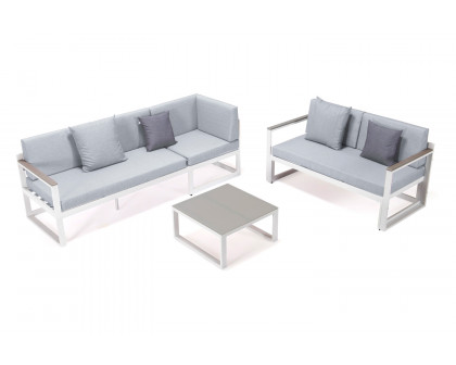 LeisureMod Chelsea White Sectional with Adjustable Headrest and Coffee Table with Two Tone Cushions - Light Gray