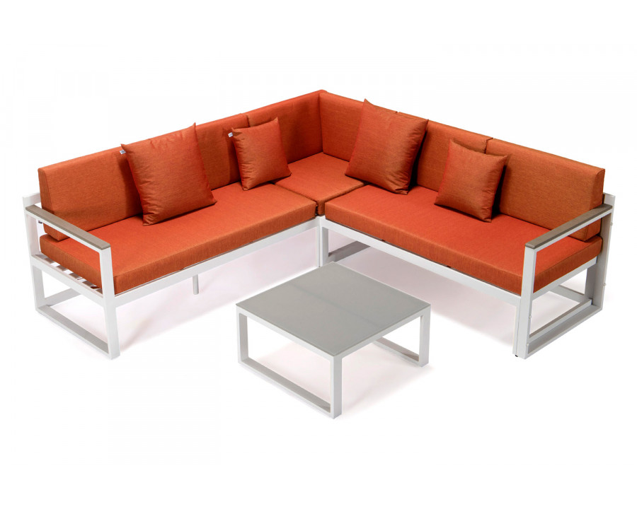 LeisureMod Chelsea White Sectional with Adjustable Headrest and Coffee Table with Cushions - Orange