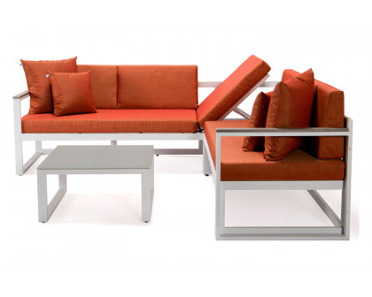 LeisureMod Chelsea White Sectional with Adjustable Headrest and Coffee Table with Cushions - Orange